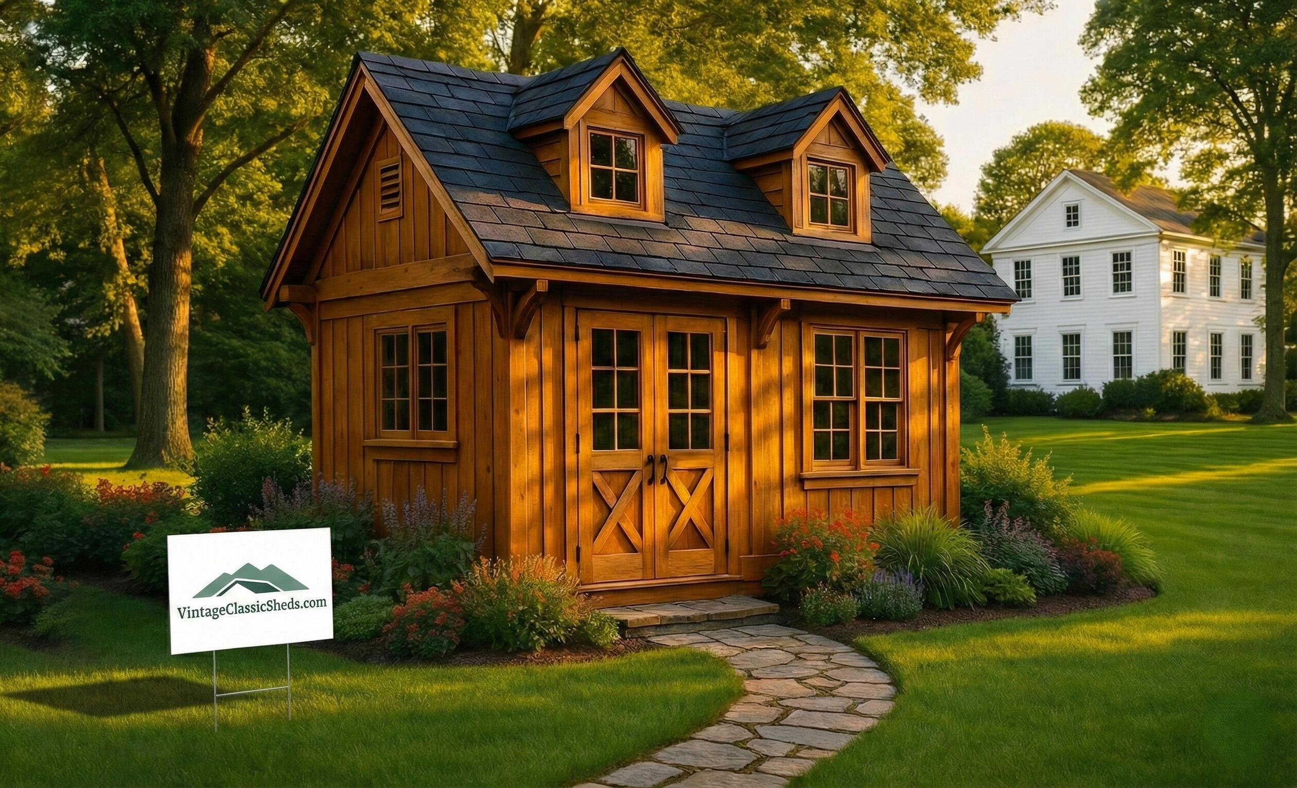 Vintage Classic Shed with Front Porch and Dormer – Built On-Site in Cincinnati Vintage Classic sage green wooden shed with front porch, dormer window, and double doors, built on-site in a landscaped autumn backyard