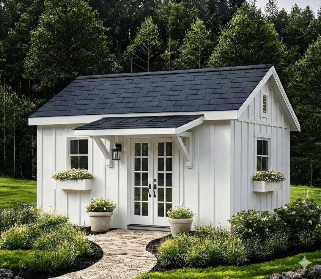 appalachian-classic-garden-shed-white-board-and-batten-black-roof.jpg White Appalachian-style garden shed with board-and-batten siding, black shingle roof, French doors, and landscaped stone walkway in a wooded setting